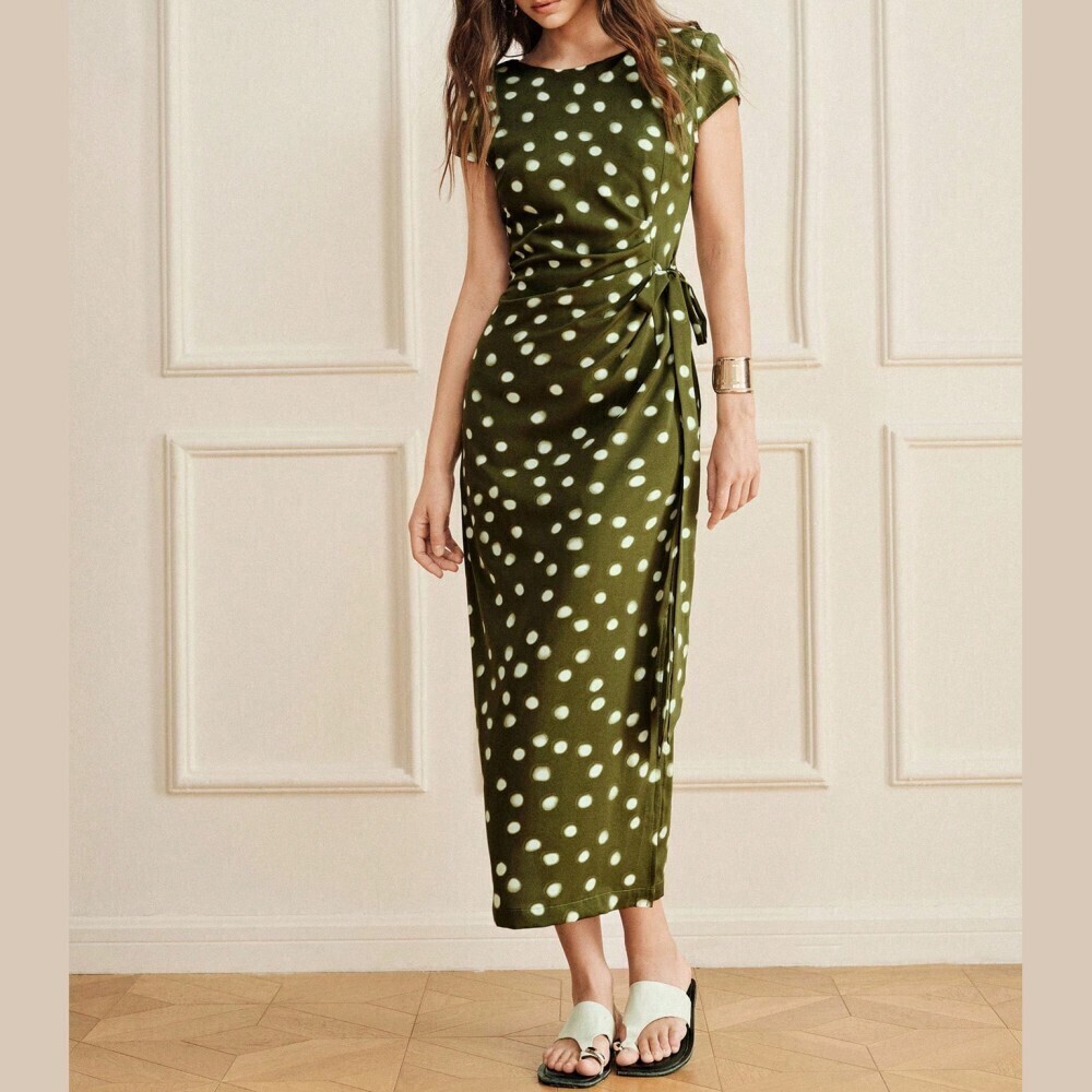 Olive Green Polka Dot Cap Sleeve Tie Waist Maxi Dress